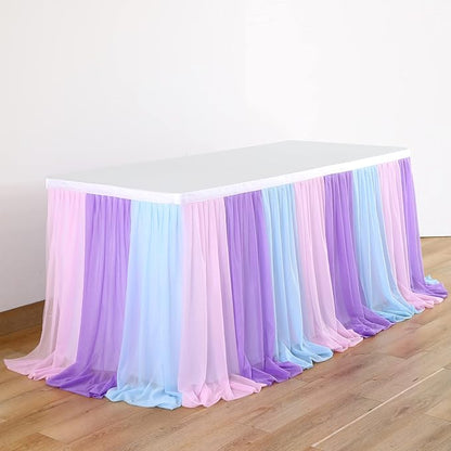 Mermaid Tulle Table Skirt Blue Pink Purple Striped Table Skirts for Rectangle Tables Frozen Baby Shower Mermaid Birthday Parties Decoration 6ft