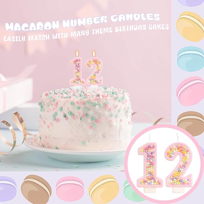 Birthday Candles - Number 12 Candle, Colorful Macaron Candles, 12 Birthday Decorations for Girl, Sweet Cake Decorations, Sweet Theme Party Supplies (Pink)
