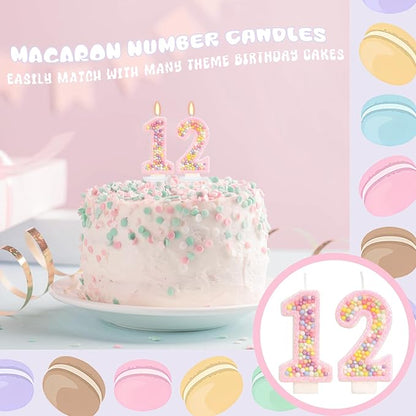 Birthday Candles - Number 12 Candle, Colorful Macaron Candles, 12 Birthday Decorations for Girl, Sweet Cake Decorations, Sweet Theme Party Supplies (Pink)