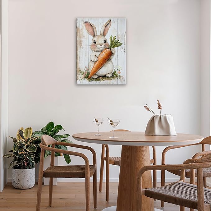 Rabbit Wall Art, Easter Bunny Pictures Wall Decor, Farmhouse Rabbit Carrot Canvas Prints, Rustic Cute Animal Painting Framed Artwork for Bathroom Living Room Bedroom Office Dining Room 24"X20"