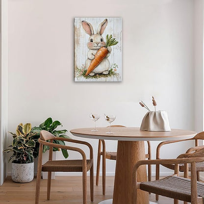 Rabbit Wall Art, Easter Bunny Pictures Wall Decor, Farmhouse Rabbit Carrot Canvas Prints, Rustic Cute Animal Painting Framed Artwork for Bathroom Living Room Bedroom Office Dining Room 20"X16"