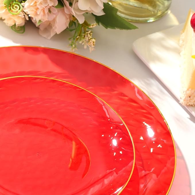 64 Pcs Red Plasitc Plates, 32 Guests Clear Red Disposable Plates with Gold Rim, Hammered Plastic plates Include 32 Dinner Platos and 32 Dessert Platos for Party Wedding Birthday Christmas