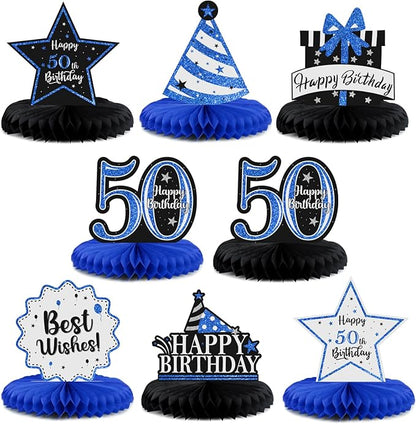 Happy 50th Birthday Decorations,50th Bday Blue Glitter Shiny Stand Honeycomb Table Centerpieces - Cheers to Fifty Years Old Birthday Party Photoprop Gift Sign.