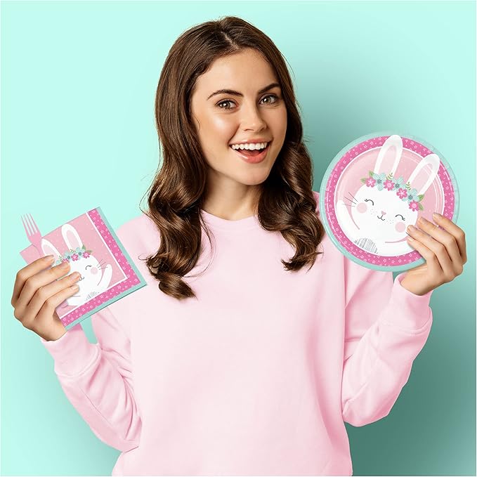 Birthday Bunny Pink Floral Boho Paper Dinner Plates and Luncheon Napkins (Serves 16) - Pink Bunny Boho Party and Baby Shower Tableware