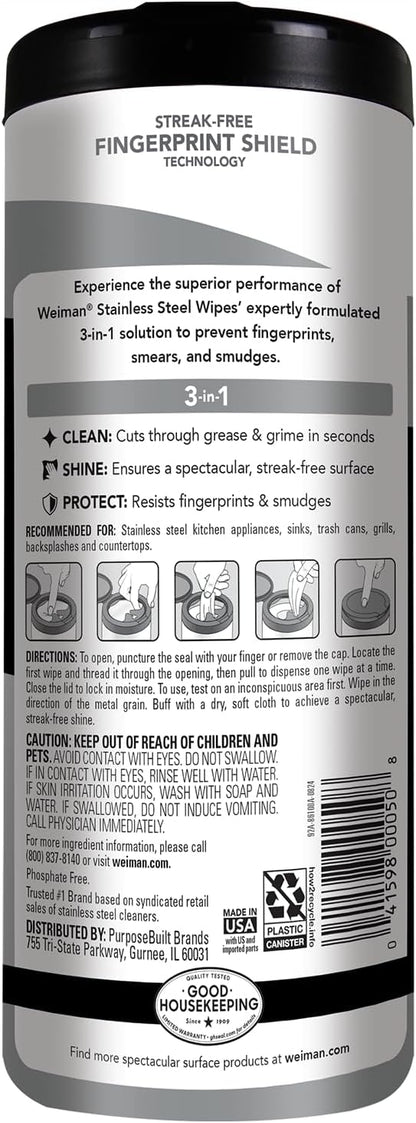 Weiman Stainless Steel Cleaner and Polish Wipes, 30 Count