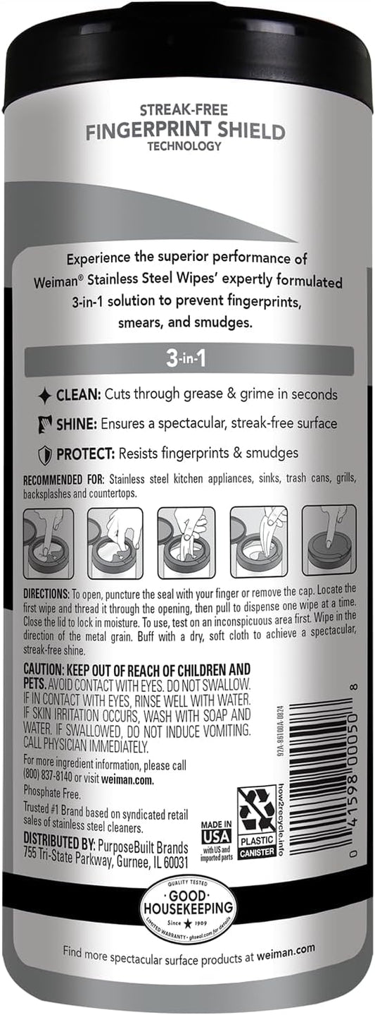 Weiman Stainless Steel Cleaner and Polish Wipes, 30 Count