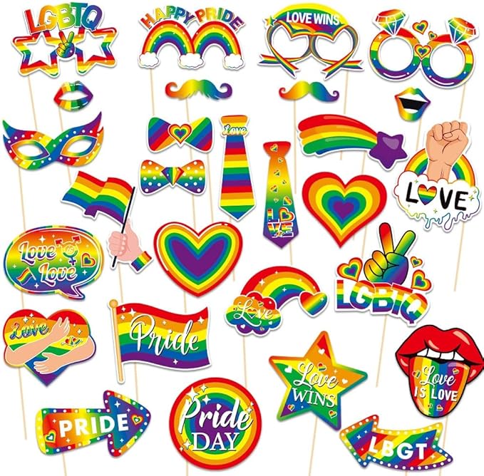 Pride Accessories, Kaluofan 28 PCS LGBTQ Party Photo Booth Props, Rainbow Heart Gay Pride Day and Month Decorations LGBTQ Parade Wedding Celebration Rainbow Friends Party Favor Supplies