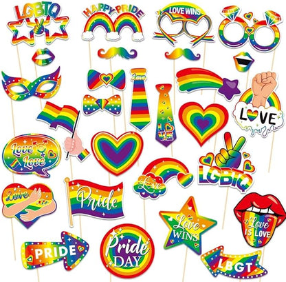 Pride Accessories, Kaluofan 28 PCS LGBTQ Party Photo Booth Props, Rainbow Heart Gay Pride Day and Month Decorations LGBTQ Parade Wedding Celebration Rainbow Friends Party Favor Supplies