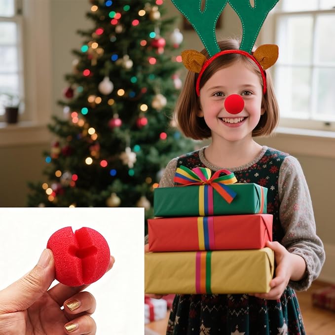 12 Pcs Christmas Reindeer Headbands and 12 Pcs Reindeer Red Nose, 3 Assorted Color Funny Cute Xmas Deer Hairbands with reindeer ears for Christmas Party Favors Family Holiday