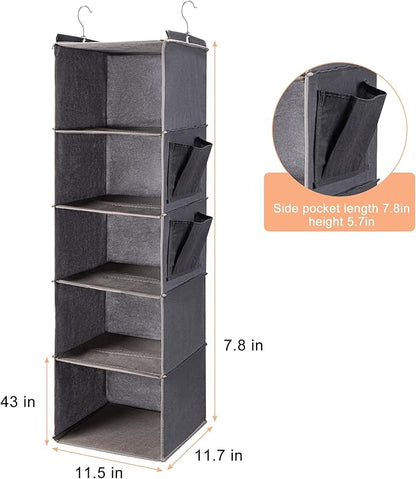 BOOMIBOO Hanging Closet Organize and Shelves，5-Hanging Shelf with 2 Side Pockets，Storage Foldable （2 Pack ，Grey）