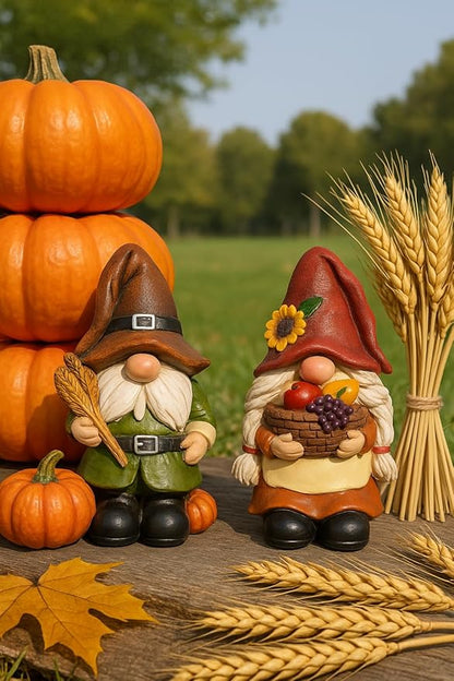 iStatue Thanksgiving Decorations Fall Gnome Figurines – 2 Pack Resin Harvest Figurines with Pumpkins, Wheat & Basket, Autumn Home Décor Accents for Table, Mantel, Shelf (Brown)