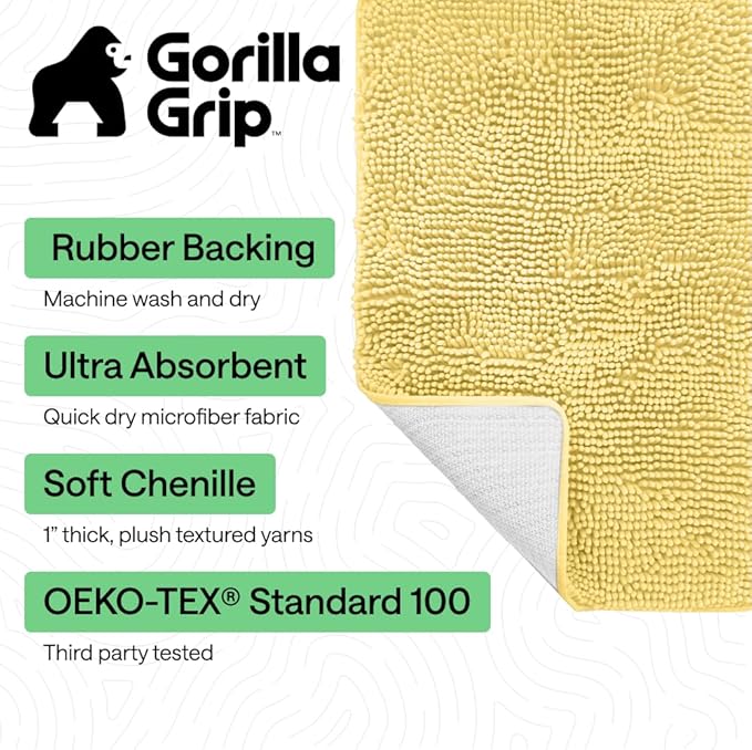 GORILLA GRIP Bath Rug Mat 60x24, Thick Soft Absorbent Chenille, Quick Dry Microfiber Mats, Rubber Backing Washable Shower Floor Rugs, Bathmat Runner, US Designed Bathroom Home Decor Accessories Yellow