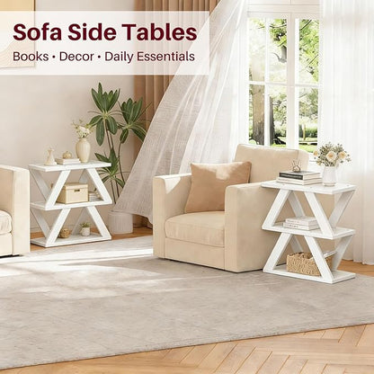 3 Tier Side Table with Side Guard Rails & Anti-Slip Pads, Narrow End Table for Small Spaces, Slim Nightstand with Storage Shelves for Bedroom, Living Room, White