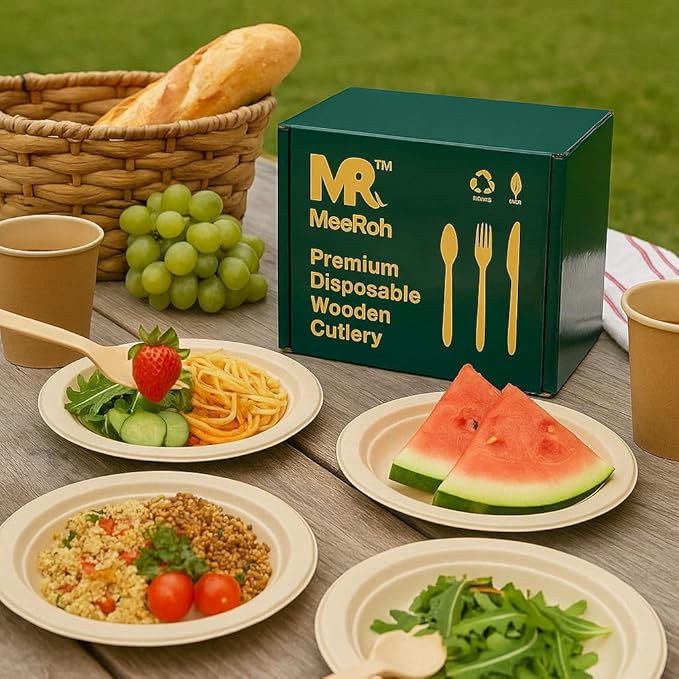 Premium Eco-Friendly Heavy-Duty Disposable Cutlery Set – 300-Piece Sturdy Forks, Spoons & Knives | Biodegradable, Compostable, Smooth Finish for Parties, Events & Camping Utensils – By MeeRoh