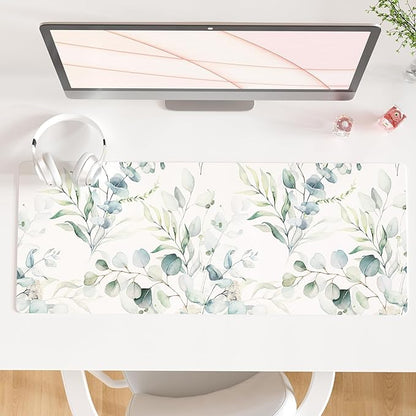 QIYI Large Mouse Pad, Cute Green Leaves Desk Mat for Desktop, Women Girls Office Décor Desk Accessories, PU Leather Waterproof Gaming Mousepad, Eucalyptus Leaf Desk Pad Computer Mat, 31.5" x 11.8"