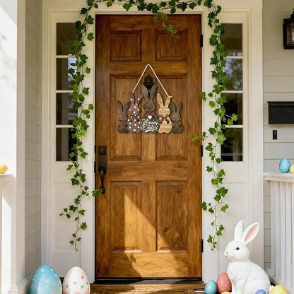 Kercan Happy Easter Hanging Door Sign Plaque Bunny Decor, Easter Wooden Wall Hanging Sign for Front Door, 11.6 × 8.6 inch Welcome Decorations for the Home Party (Five Rabbits)