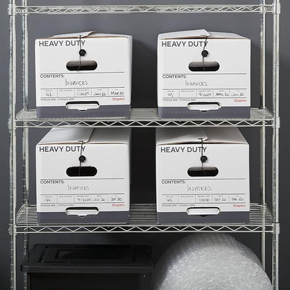 STAPLES Storage & Filing Box, Heavy-Duty with Handles & String-Button Lid, Letter Size Documents, Stackable, 4-Pack, White/Gray