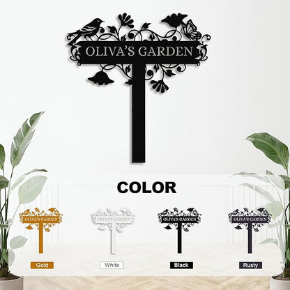 Personalized Garden Sign– Custom Metal Yard Stake with Bird & Butterfly Design, Outdoor Name Plaque for Lawn, Pathway, Flower Bed, Weatherproof Garden Decor, Gift for Gardeners & Housewarming