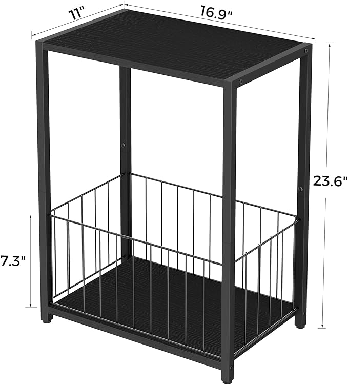 Side Table with Magazine Holder, Record Player Stand with LP Shelf, End Table for Living Room, Bedroom, or Bedside, Easy Assembly, 11" D x 16.9" W x 23.6" H, Black