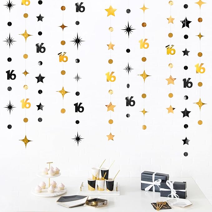 Black Gold 16th Birthday Decorations Number 16 Circle Dot Twinkle Star Garland Streamer Banner Backdrop for Girls Boys Happy 16th Birthday Sweet Sixteen Anniversary Cheers to 16 Years Party Decor