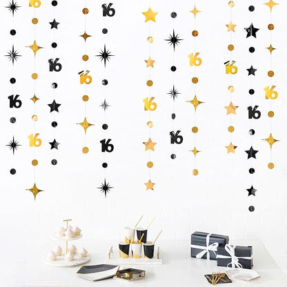 Black Gold 16th Birthday Decorations Number 16 Circle Dot Twinkle Star Garland Streamer Banner Backdrop for Girls Boys Happy 16th Birthday Sweet Sixteen Anniversary Cheers to 16 Years Party Decor