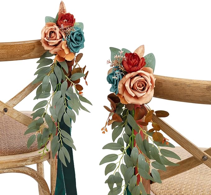 Ling's moment 8pcs Wedding Artificial Aisle Pew Flowers Chair Decorations Arrangements with Chiffon Ribbons Burnt Orange for Ceremony Chair Back Floral Decor Reception Church Party Outdoor