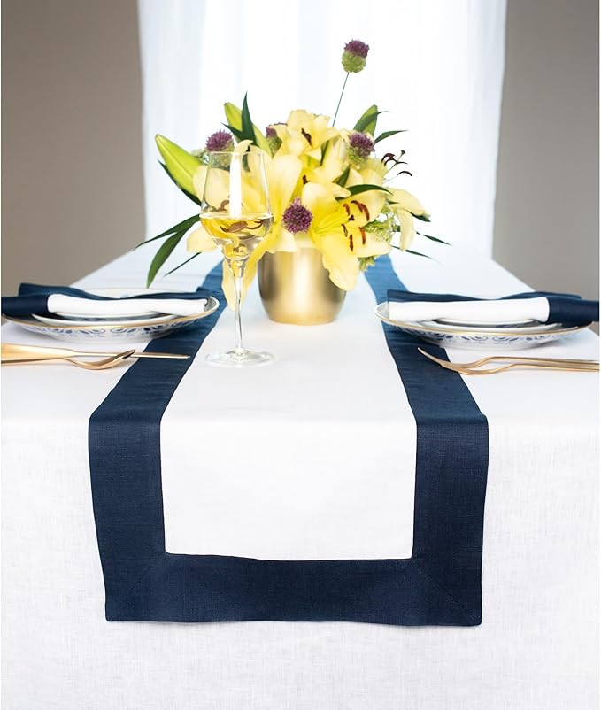 Solino Home Linen Table Runner 48 Inches - 100% Pure Linen Navy and White Table Runner 14 x 48 Inch Ideal for Dresser and Coffee Tables - Thanksgiving, Christmas, Holiday, Winter - Contempo