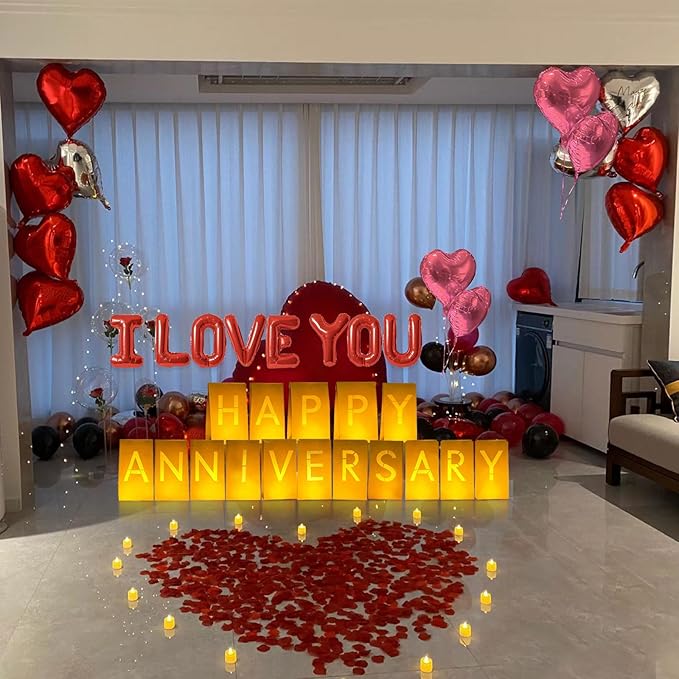 Happy Anniversary Lighted Letters Sign 16pcs Luminary Paper Bags 2000pcs Red Pink Rose Petals 48pcs Flameless LED Candle Tealight 10pcs Heart Balloons Romantic Night Valentine's Day Decorations