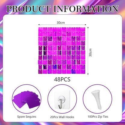 48 PCS Purple Shimmer Wall Backdrop, Laser Square Sequin Photo Backdrops Panel, Glitter Wall Background for Birthdays, Weddings, Halloween, Engagements, Disco Bachelorette Party Decoration (6FTx8FT)