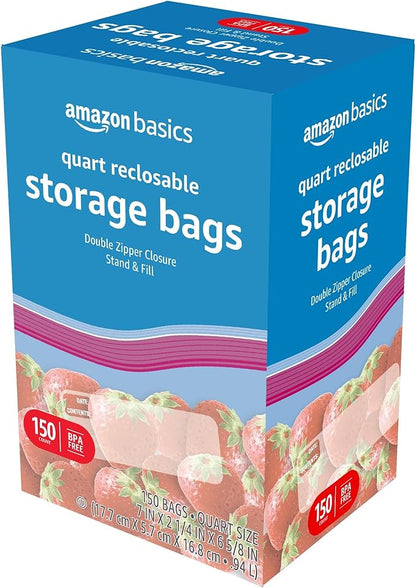 Amazon Basics Reclosable Quart Food Storage Bags, BPA Free, 150 Count (Pack of 2)
