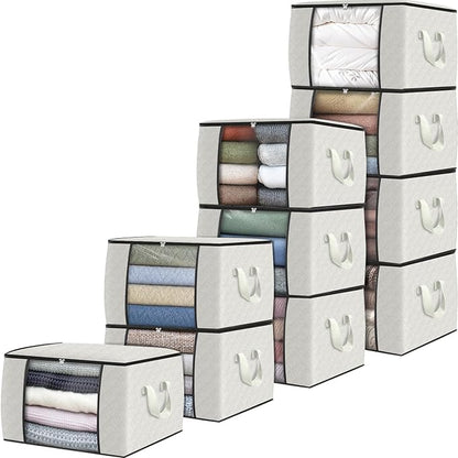 Fab totes 10 Pack Clothes Storage, Foldable Thick Fabric Blanket Storage Bags, Containers for Organizing Bedroom, Closet, Clothing, Comforter, Organization with Handle,Ivory White