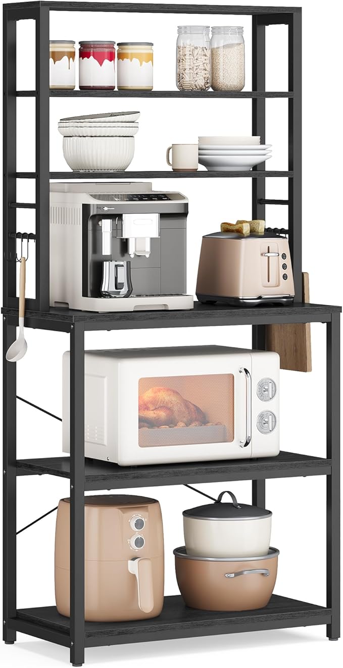 VASAGLE Coffee Bar, 23.6 Inches Baker's Rack for Kitchen with Storage, 6-Tier Kitchen Shelves with 6 Hooks, Microwave Stand, Industrial, Charcoal Gray and Ink Black UKKS024B22