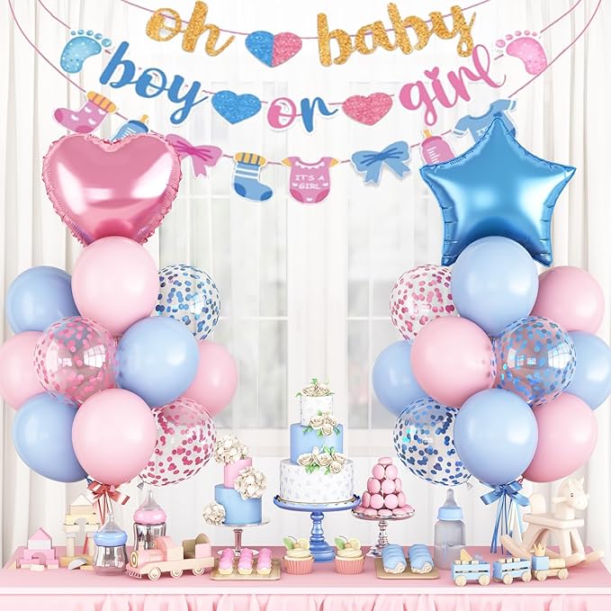 Gender Reveal Decorations Pink Blue Boys or Girls Balloon Set with Star Heart Foil Confetti Balloons Oh Baby Bunting Banner Socks Bottle Paper Garland Pastel Pink Blue Baby Shower Party Decor Kit