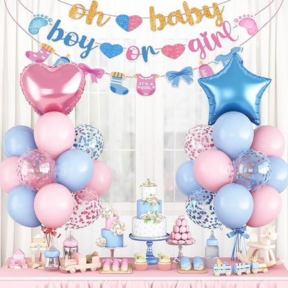 Gender Reveal Decorations Pink Blue Boys or Girls Balloon Set with Star Heart Foil Confetti Balloons Oh Baby Bunting Banner Socks Bottle Paper Garland Pastel Pink Blue Baby Shower Party Decor Kit