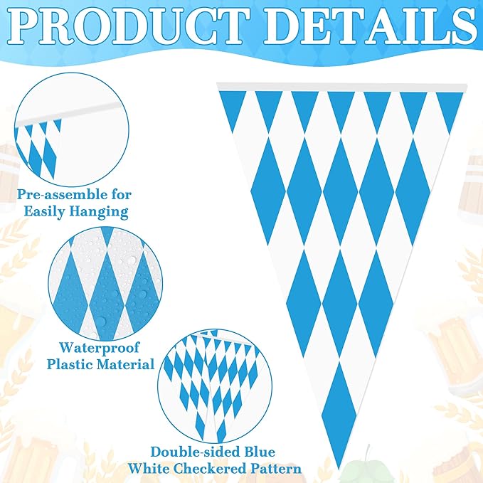 100 FT Oktoberfest Party Decorations, 3 Pack Pre-assemble Pennant Banner Flags, Plastic Blue and White Checkered Hanging Oktoberfest Decor German Bavarian Beer Festival Indoor Outdoor Party Supplies