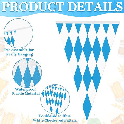 100 FT Oktoberfest Party Decorations, 3 Pack Pre-assemble Pennant Banner Flags, Plastic Blue and White Checkered Hanging Oktoberfest Decor German Bavarian Beer Festival Indoor Outdoor Party Supplies