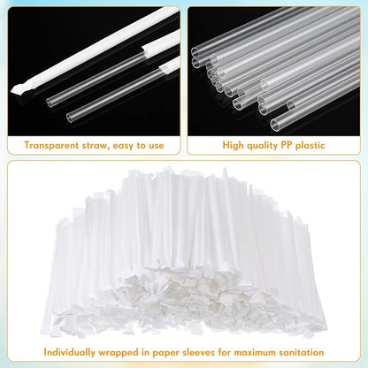 Hoolerry 1500 Pcs Plastic Straws Disposable Individually Wrapped Drinking Straight Long Straws, 0.24" Wide, for Hot and Cold Beverages (8 Inch)