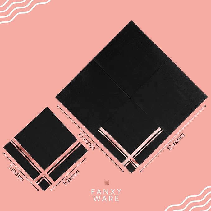 Rose Gold on Black Cocktail Napkins - 100 Pack, 5" x 5", 3-Ply Paper - Style Name: Blissful Crossing