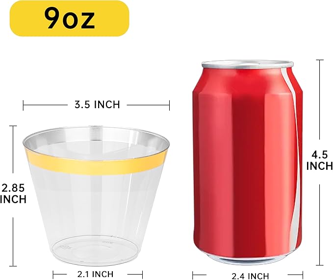 I00000 60PCS Gold Plastic Cups, 9 oz Clear Disposable Cups with Golden Trim, Heavy-Duty Disposable Hard Plastic Wine Glasses Cocktail Glasses Perfect for Party & Wedding