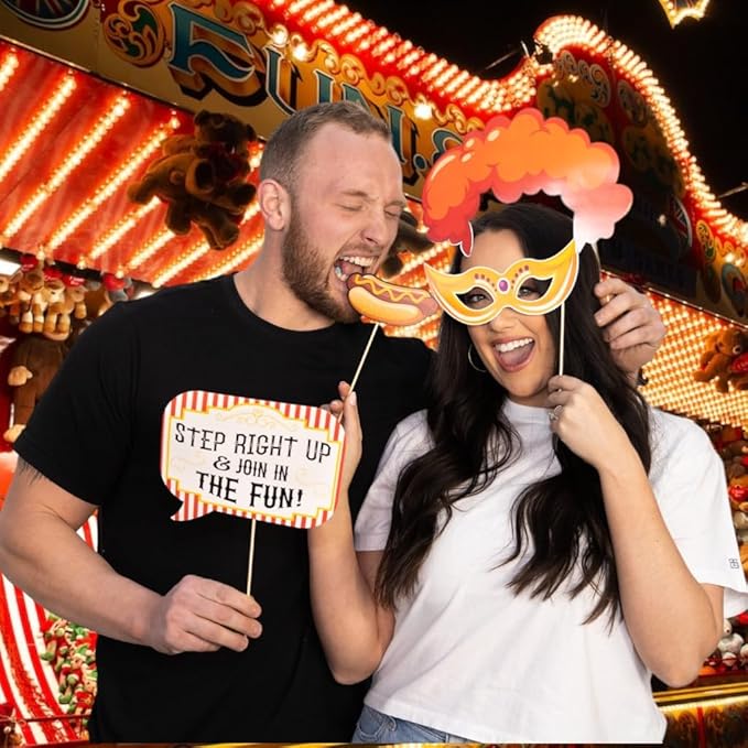 Carnival Photo Booth Props - 41-pc Photobooth Kit with 8 x 10-Inch Sign, 60 Adhesive Pads, 45 Sticks - Circus Theme Party Decorations - Carnival Backdrop