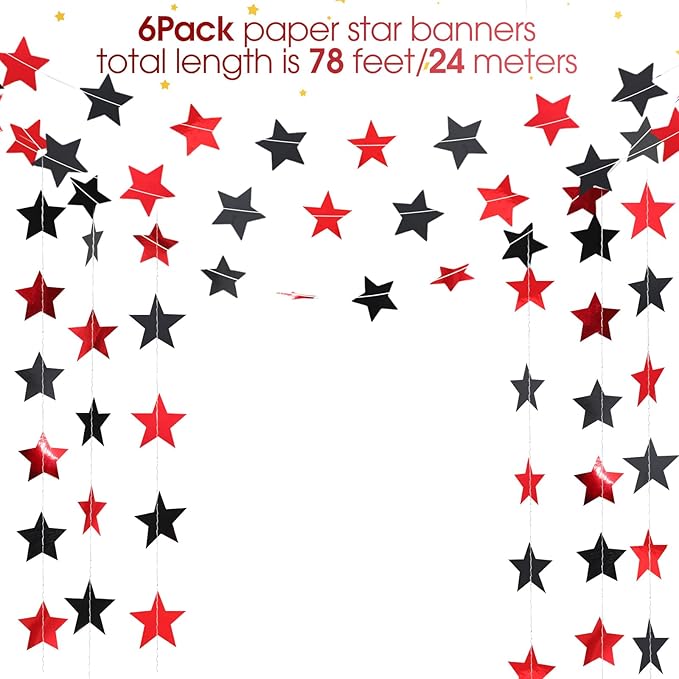 Patelai Glitter Star Garland Banner Christmas Decor 130 Feet Star Hanging Bunting Banner Twinkle Backdrop for Homecoming Classroom Wedding Birthday Halloween Party Supplies(Red,Black)