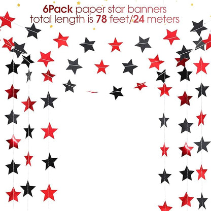 Patelai Glitter Star Garland Banner Christmas Decor 130 Feet Star Hanging Bunting Banner Twinkle Backdrop for Homecoming Classroom Wedding Birthday Halloween Party Supplies(Red,Black)