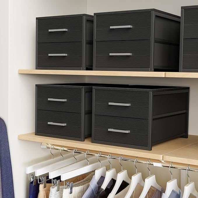 BOLUO Stackable Storage Drawers Narrow Closet Organizers and Storage Fabric Black 2 Drawer Dresser for Bedroom 2 Packs Modern