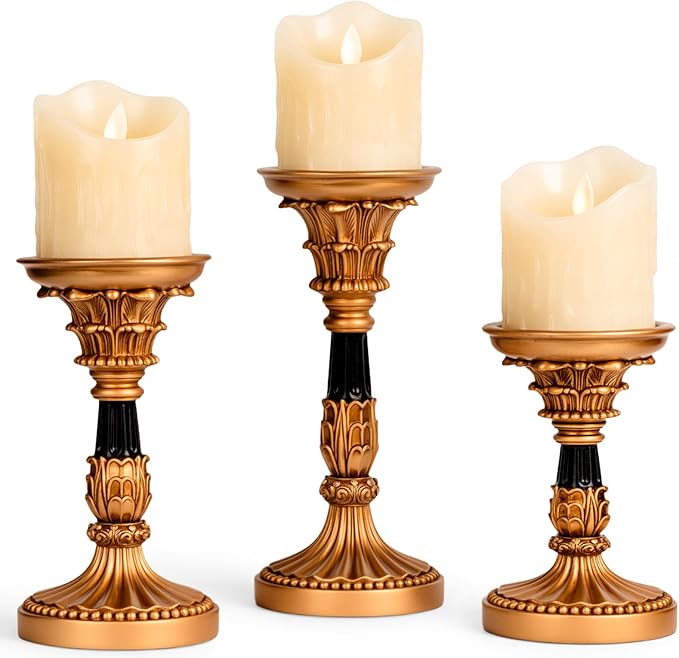 Vintage Candle Holders Set of 3 – Hand-Painted Resin Pillar Candle Stands – Antique Gold Decorative Candle Holder Set for Table Centerpiece, Mantel, Wedding, and Home Decor