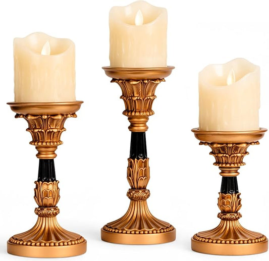 Vintage Candle Holders Set of 3 – Hand-Painted Resin Pillar Candle Stands – Antique Gold Decorative Candle Holder Set for Table Centerpiece, Mantel, Wedding, and Home Decor