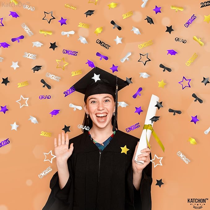 KatchOn, Congrats Grad Confetti 2025 - Pack of 1000 | Purple and Gold Graduation Decorations 2025 | Graduation Table Decorations 2025 | Black, Silver, Purple and Gold Confetti for Table Decor