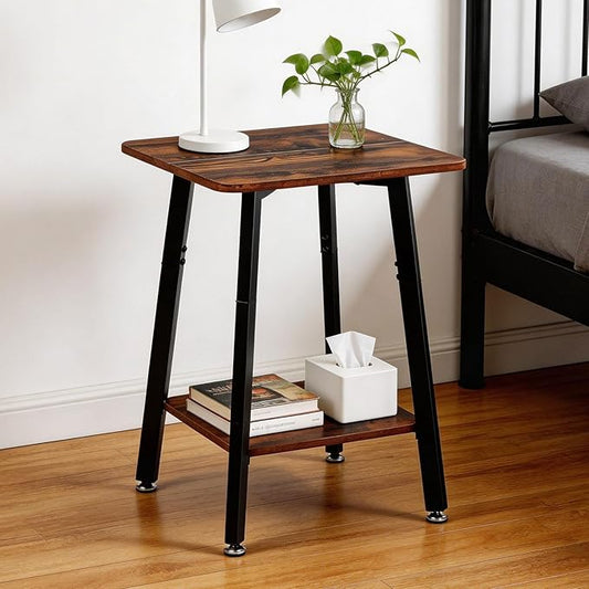 King Oasis Set of 2 2-Tier End Tables, Wooden Side Tables with Storage Shelves, Sturdy Couch Sofa Side Tables for Living Room Bedroom,Brown