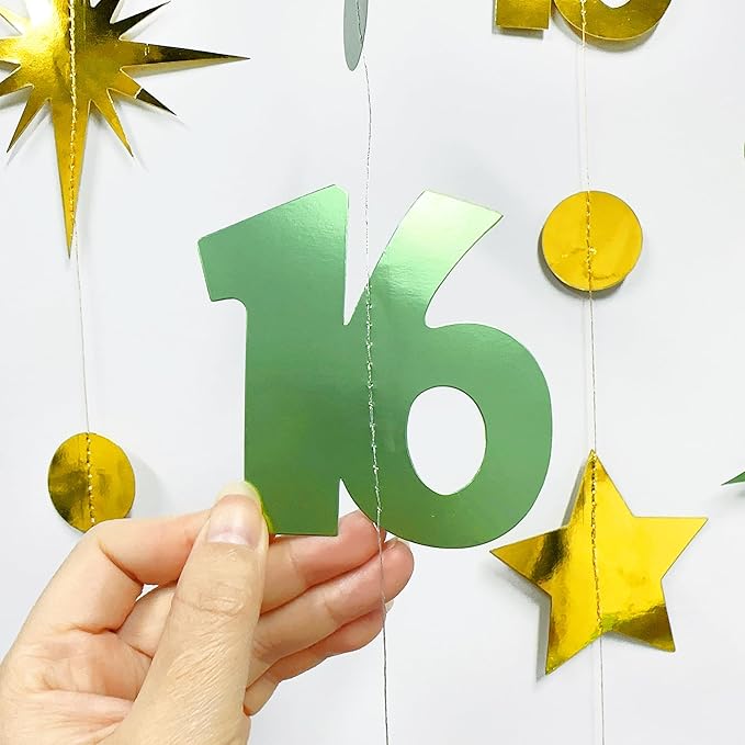 Sage Green Gold Number 16 Circle Dot Twinkle Star Garland Streamer Bunting Banner Backdrop Decorations for Girls Happy 16th Birthday Sweet Sixteen 16th Anniversary Cheers to 16 Years Party Decor