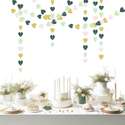 Sage-Green Pink Gold Party-Decorations - Paper Heart Garland Streamers Woodland Theme Baby Shower Bridal Shower Birthday Decoration Wedding Bachelorette Engagement Hanging Decor HongTongTong