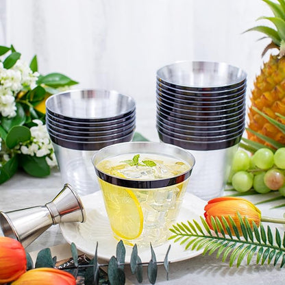 WELLIFE 120 PCS Black Plastic Cups,Disposable Cocktail Glasses,Plastic Wine Glasses Disposable,9 oz Clear Cups for Party and New Year